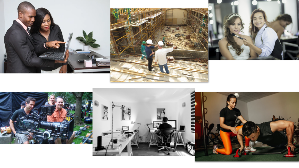 A collage of professionals who might need a business contract lawyer. Top row: a business consultant talking to his client, a construction company at work, and a makeup artist with a smiling customer. Bottom row: a production company on set, a graphic designer in his studio, and a personal trainer coaching her client.